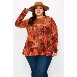 064 Curvy Lovey Boho Glitter Multi Print Frill Hem Tunic Top in Red